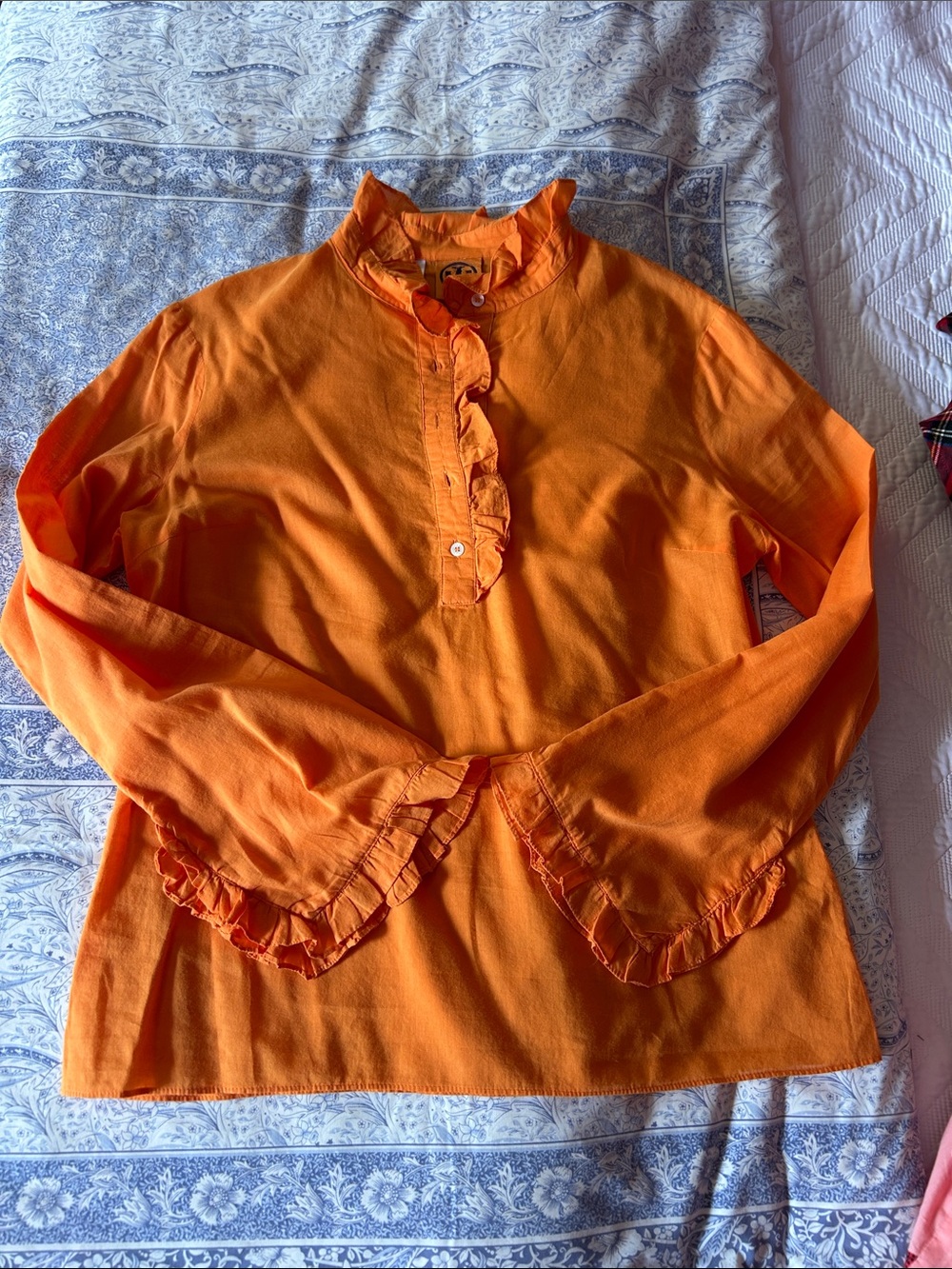 Bright Orange Ruffle Button-Up Blouse - Picture 3 of 4